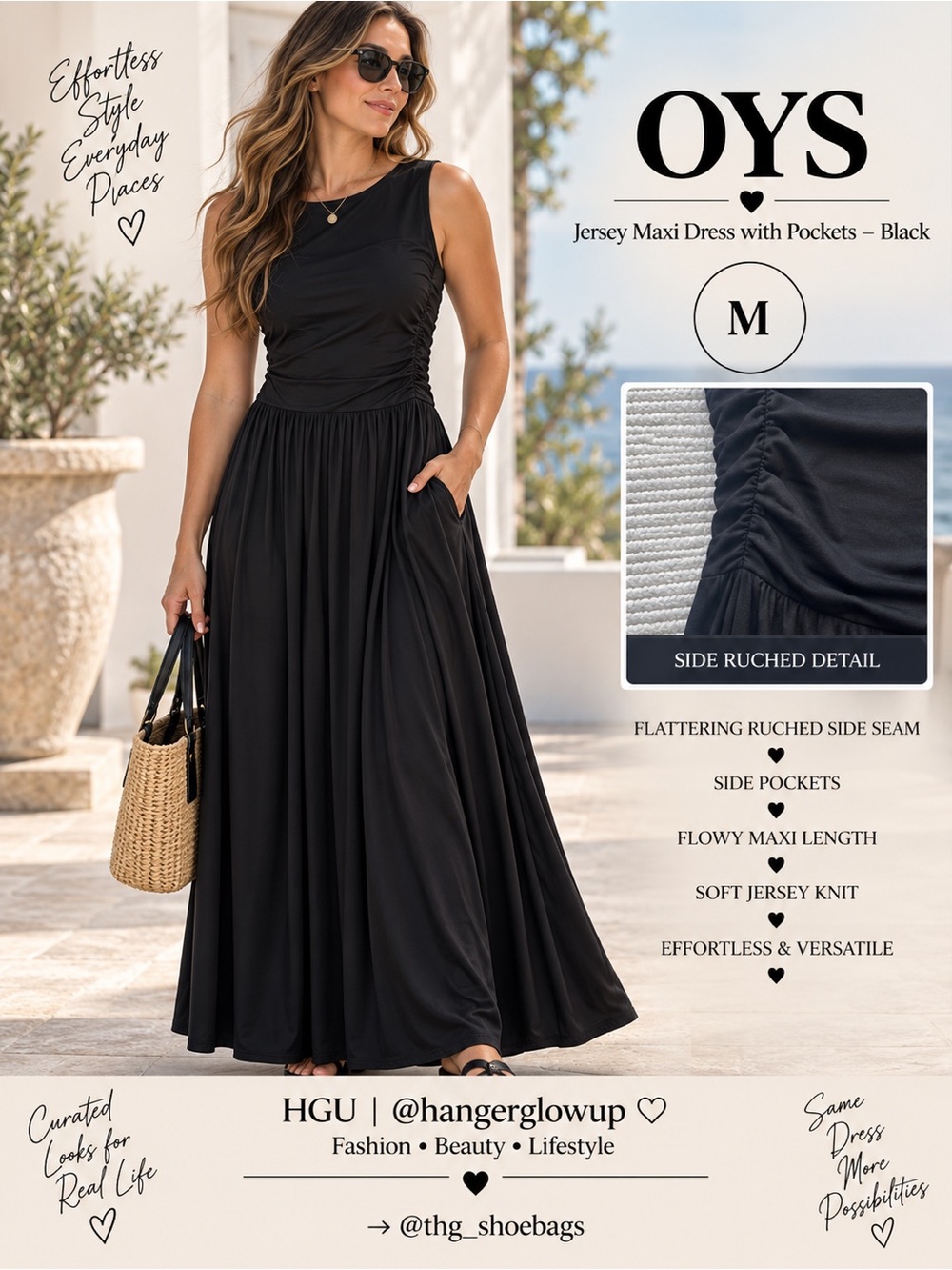 OYS Black Jersey Maxi Dress Pockets Ruched Compression Lined M NWT